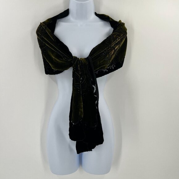 Black Green Velvet Burnout Shawl Devore Beaded Scarf Goth Boho Evening Wrap - Picture 5 of 8